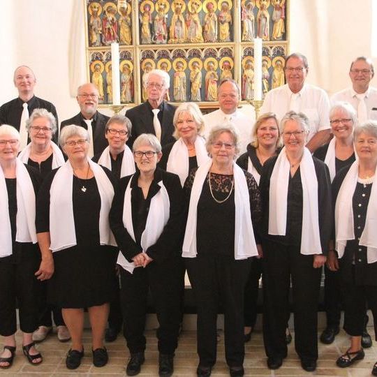 "En gruppe kormedlemmer foran alteret."